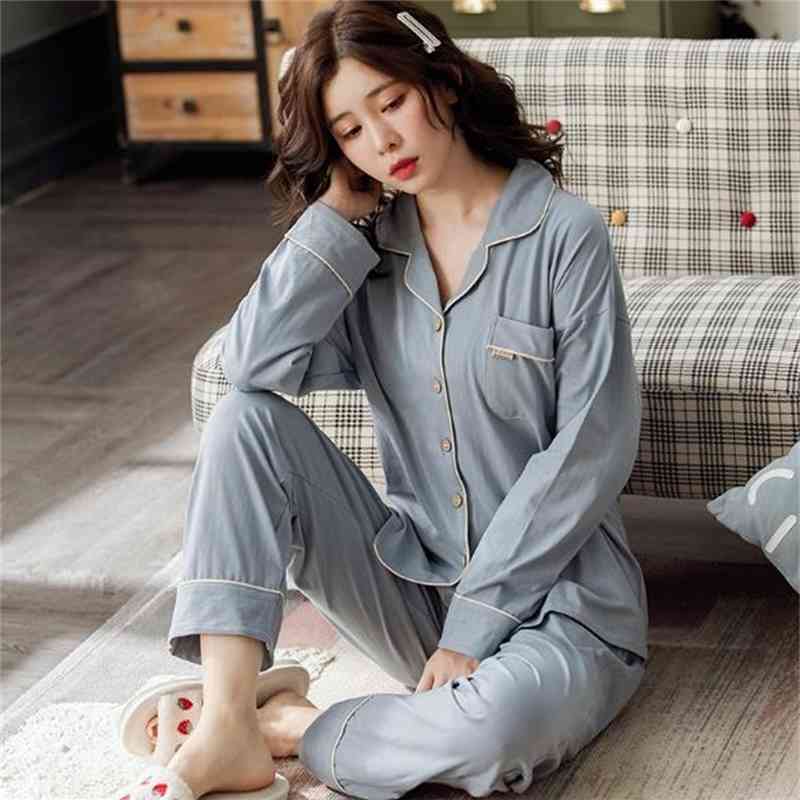 Women&#039;s Sleepwear High-grade pajamas women cotton long sleeve lapel sleepwear set cardigan top + trousers two piece suit plus size pijama mujer