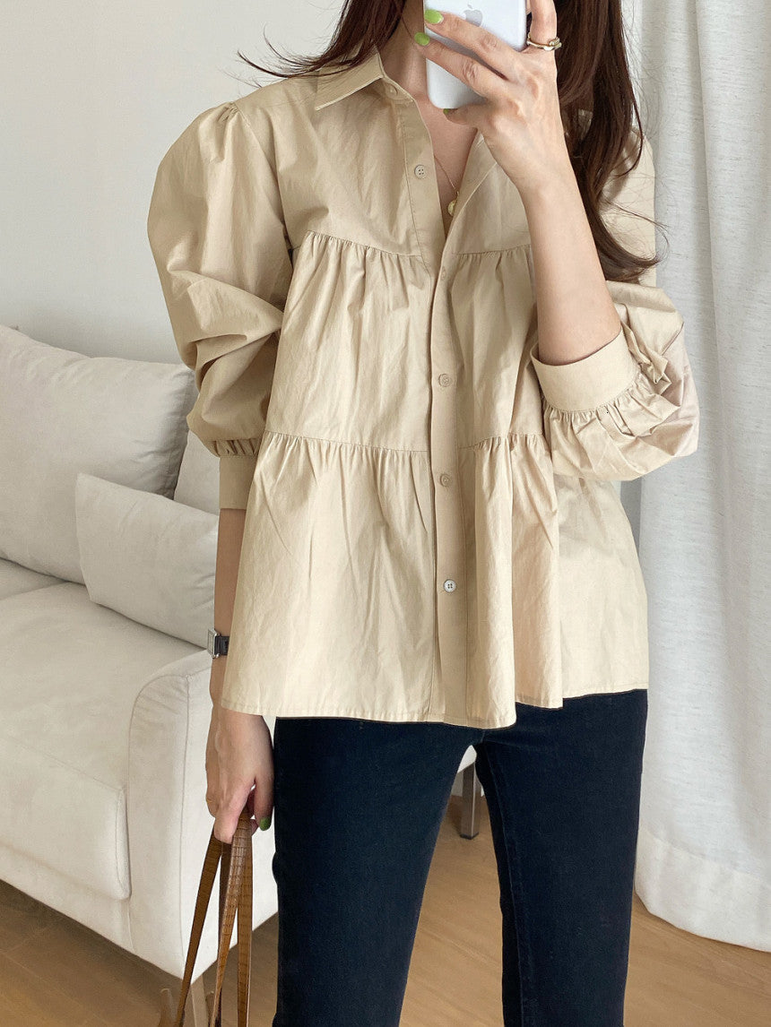 Women&#039;s Blouses & Shirts New Women Spring Summer Blouse Oversize Puff Sleeve Elegant Korean Fold Patchwork Lady Wild Tops FV6H