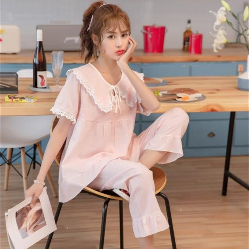 Women&#039;s Sleepwear Sweet Pyjamas Women Short Sleeve Trousers Set Fashion Girl Spring Summer Pajamas Suit Plaid Cotton Loungewear Pijama Mujer PZ