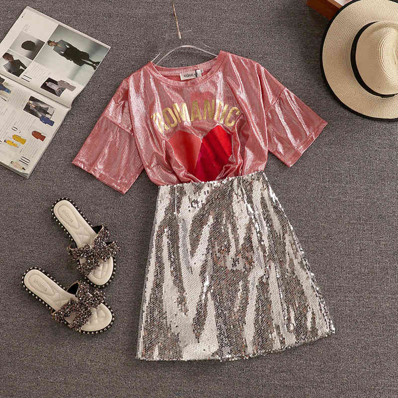 Two Piece Dress Sets Women Love printed lette Tops + Sequins Mini Skirts Outfit New Summer O Neck Bandage T Shirts Clothes 2 Pcs S