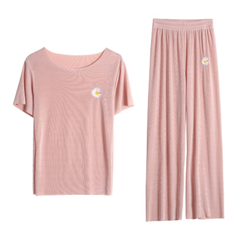 Women&#039;s Sleepwear Ice silk summer pajamas set short sleeve long pant two piece home clothes casual pijamas women slim korean pyjama femme suit