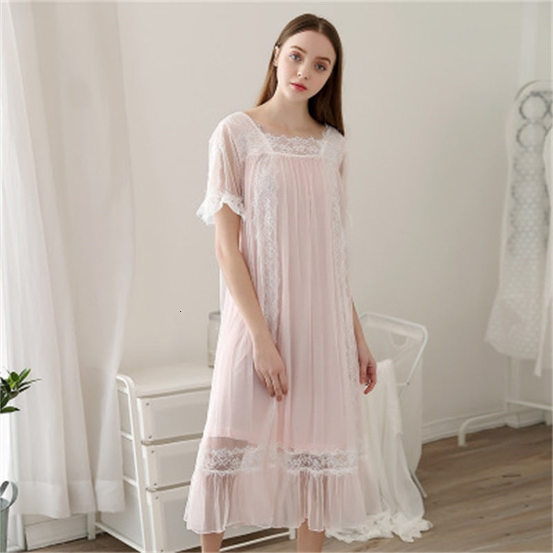 Women&#039;s Sleepwear Lace princess dress summer nightdress female short-sleeved loose sweet nightgown women mesh fairy long skirt ladies nightshir