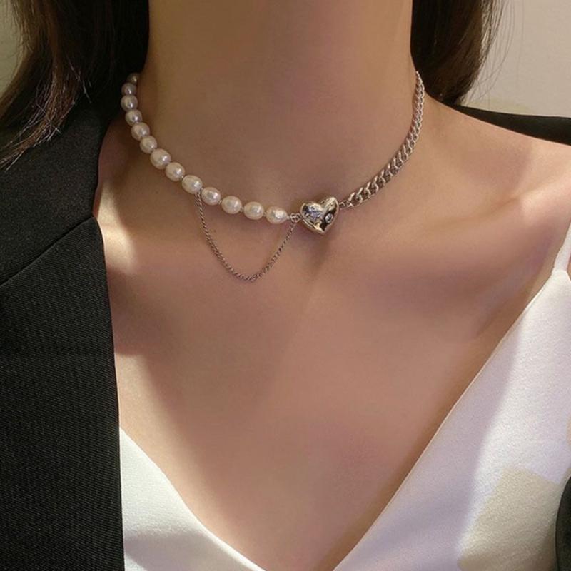 Pendant Necklaces 2021 Necklace Female Pearl Love Heart Clavicle Chain Stitching Fashion Asymmetric Jewelry Girl Gift