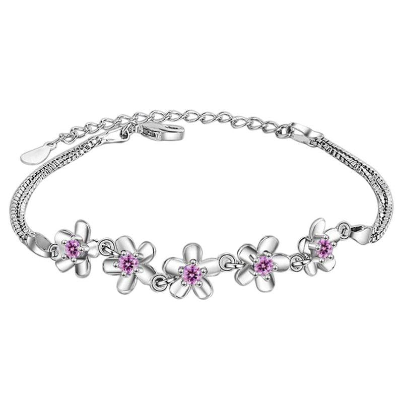 Link, Chain Women&#039;s Round Romantic Bracelet Shaped Silver Adjustable Jewelry Gift Of Love (Flowers)