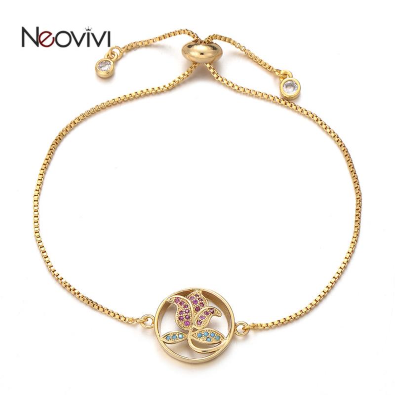 Link Chain Neovivi Adjustable Bracelet Colorful CZ Flower Charm Bracelets Micro Pave Multi Color Zircon Brass Women DIY Jewelry GiftLink