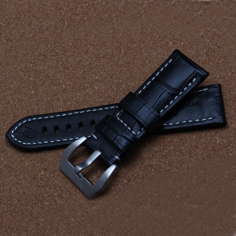 Watch Bands Watchband Crocodile Grain Thick 24mm Black Cowhide Leather Strap For PAM Pam441 Pam111 Bracelet Belt Classic