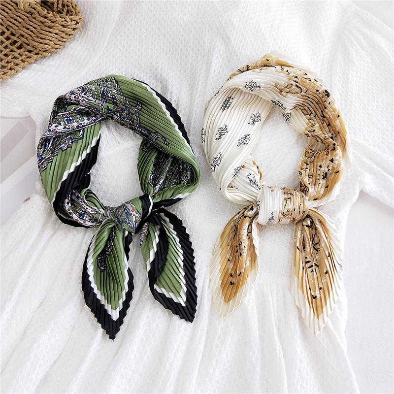 Scarves Spring Designer Pleated Satin Silk Scarf For Women Euro Elegant Neckerchief Fashionable Printing Kerchief Tie Ladies