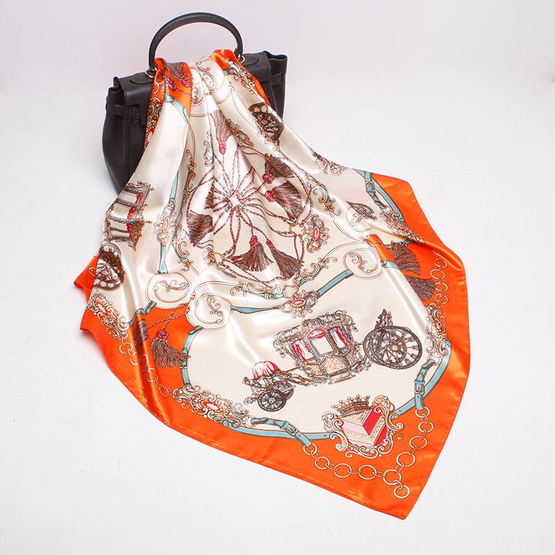 Scarves Imitation Silk For Women, Large Squares, Carriage Chain Print Headscarves, Women 90*90cm