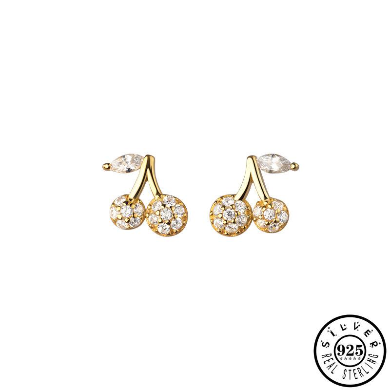 Stud 925 Sterling Silver Cubic Zirconia Cherry Shape Gold Color Plated Cute Small Earrings Fine Jewelry Gifts For Women Girls