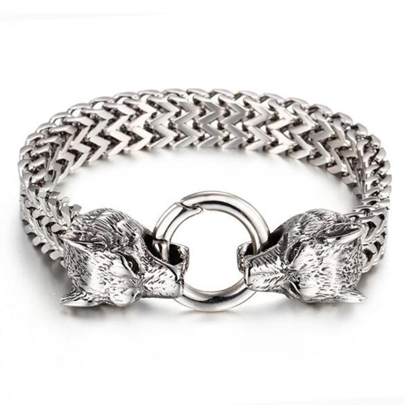 Link, Chain Punk Retro Wolf Head Bracelet For Men Trendy Knight Vintage Heavy Silver Stainless Steel Bike Lion Skull Bracelets Boy Jewelry
