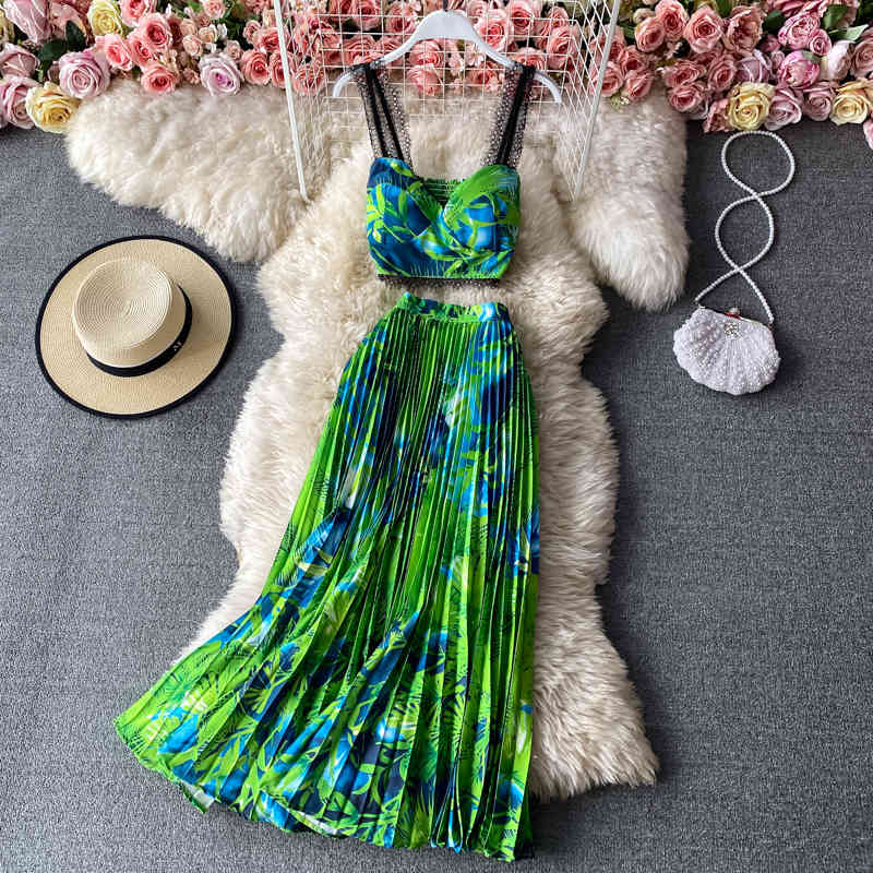 Two Piece Dress Summer Seaside print camisole tube top sleeveless two-piece elegant pleated womens with large swing 2 piece set X5