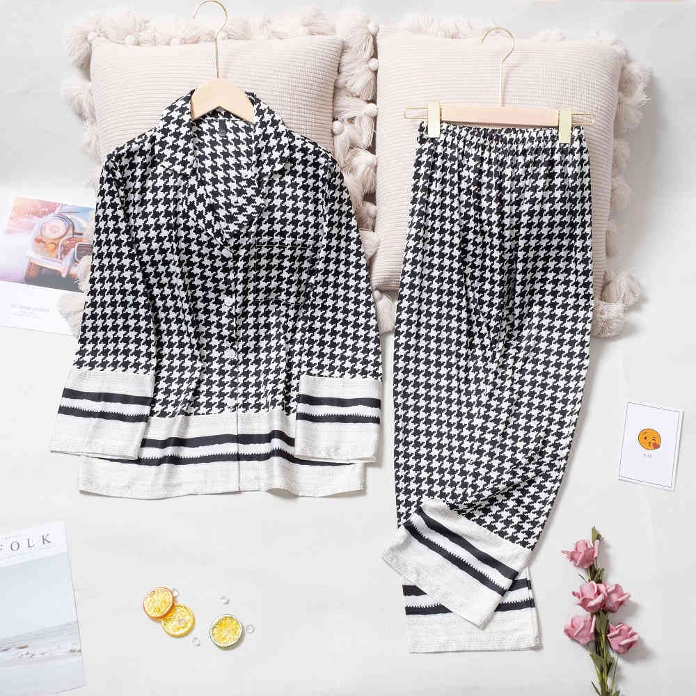Women&#039;s Shorts Plaid Print Fashion Women Pajama Set Long Sleeve Suit Satin Soft Touch Sleepwear C6ZO