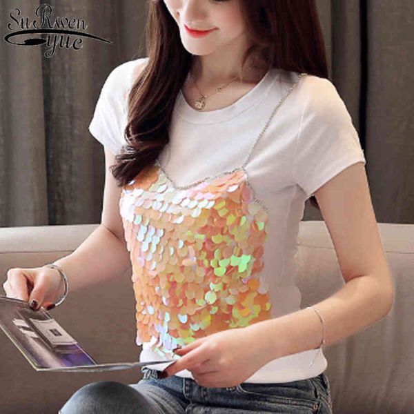 Summer Women Clothing Tops Slim Shirt Fashion Short Sleeve T Blouise Splice 4139 50 210521