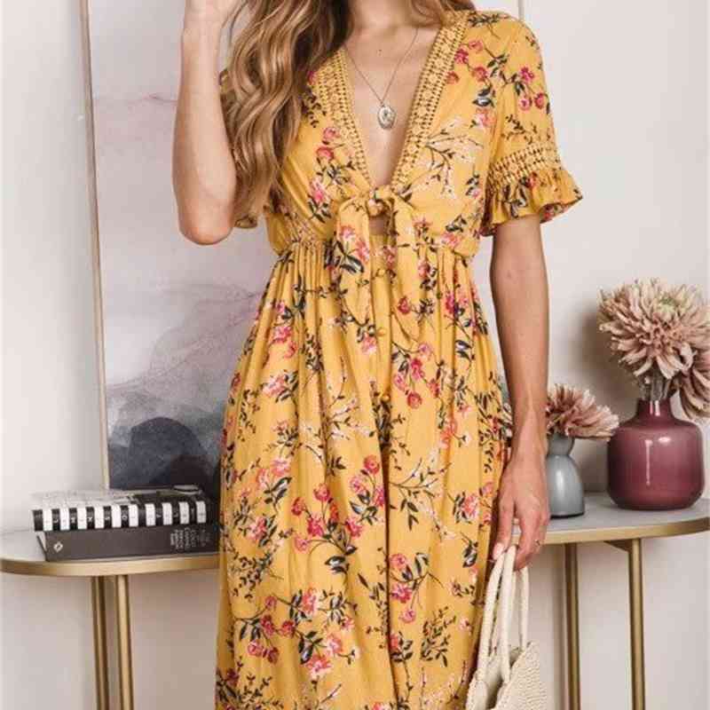 2019 women&#039;s stitching lace up pleated swing dress