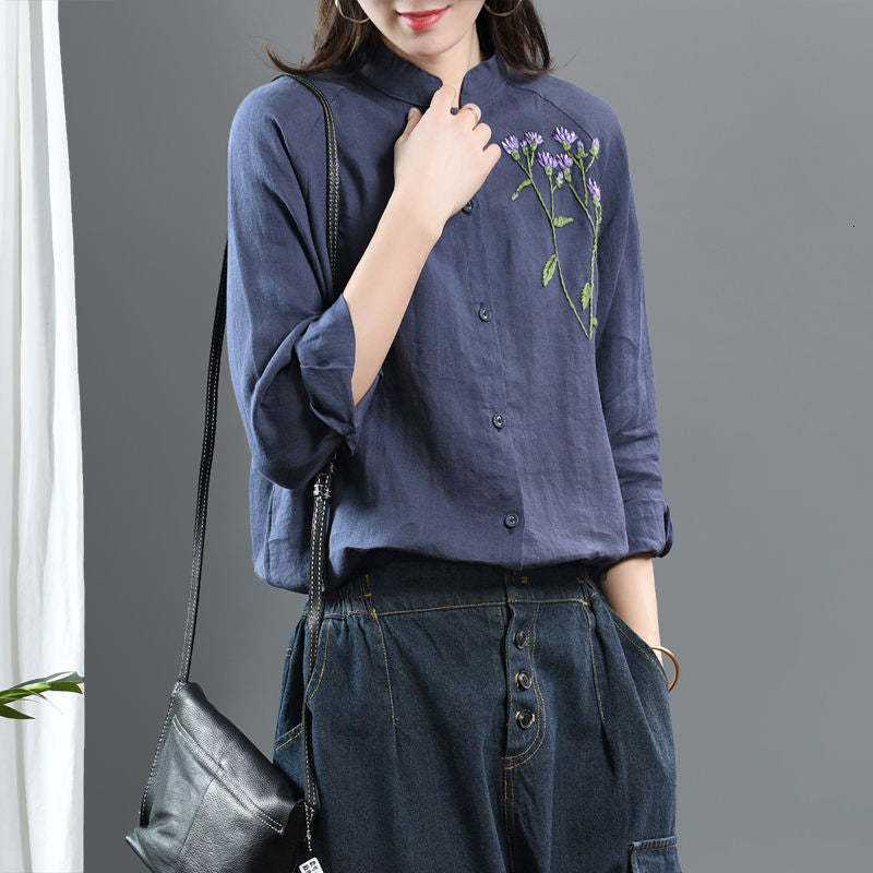 Women&#039;s Cape Spring Arts Style Women Long Sleeve Cotton Linen Loose Shirts Vintage Embroidery Stand Collar Casual Blouses Ladies T