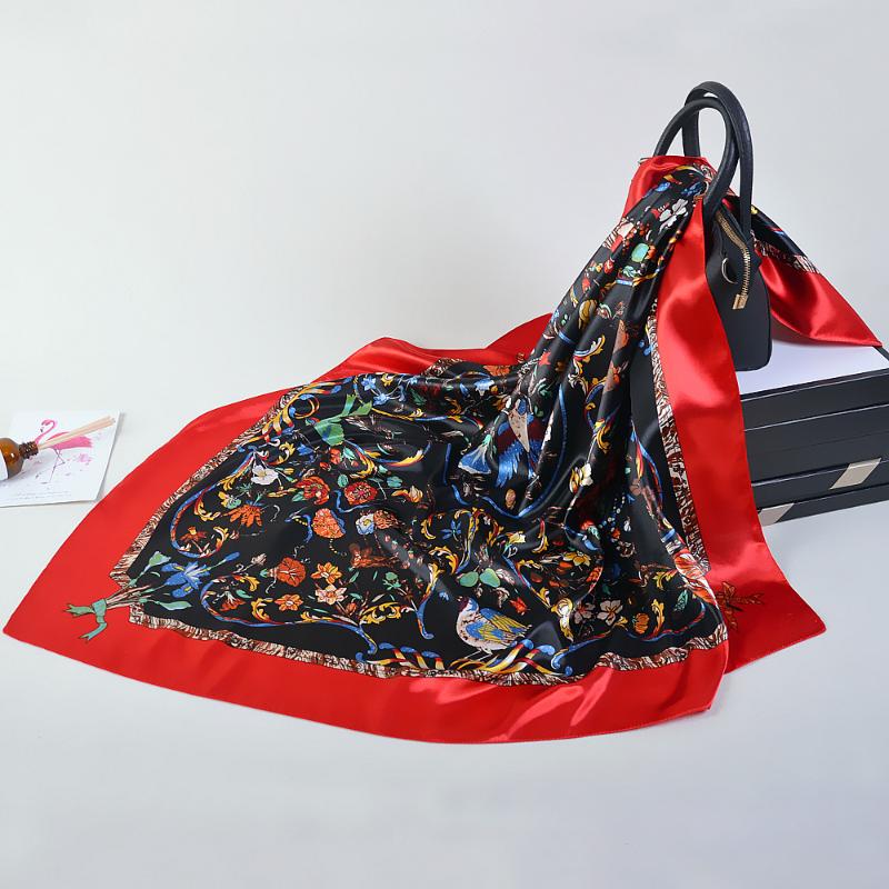 Scarves 90*90cm Flower Silk Scarf Large Square Female Elegant Fashion Ladies Accessories