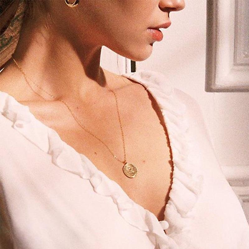 Chokers Wild&Free Gold Alloy Round Pendant Necklace For Women Simple Female Long Chain Coin Rose Flower Collier 2021 Wholesale