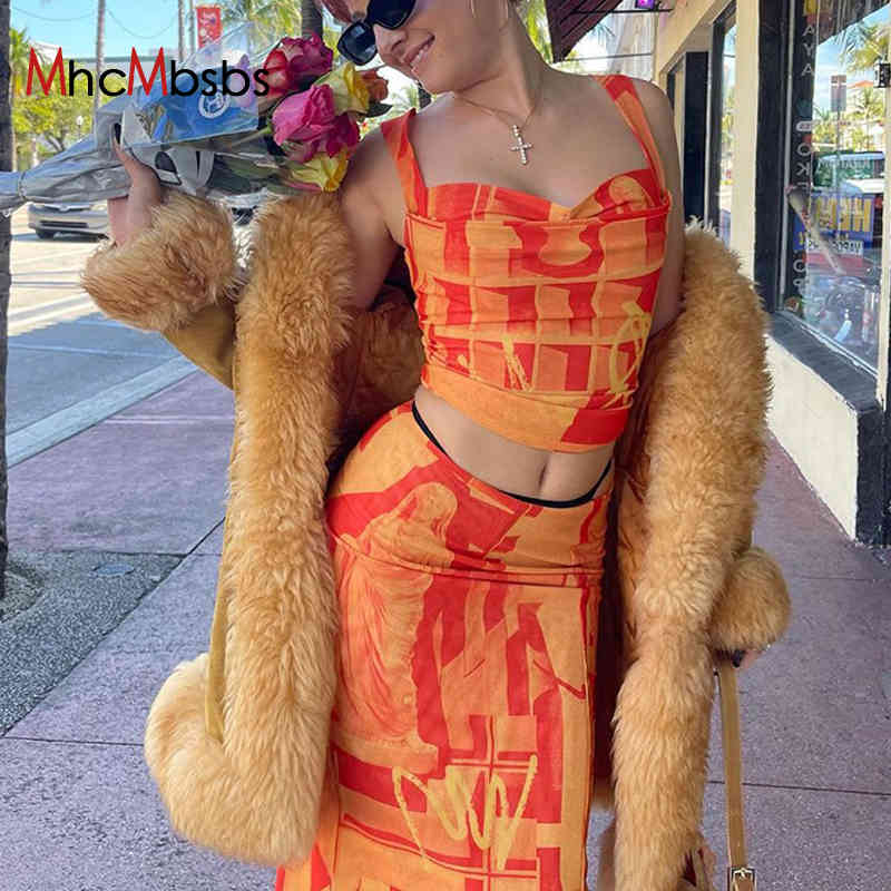 Two Piece Dress 2 Set Women Strap Tank Top Printed Color Blocking Midi Skirts Evening Party Skirt Suits Elegant Outfits 2021Summer