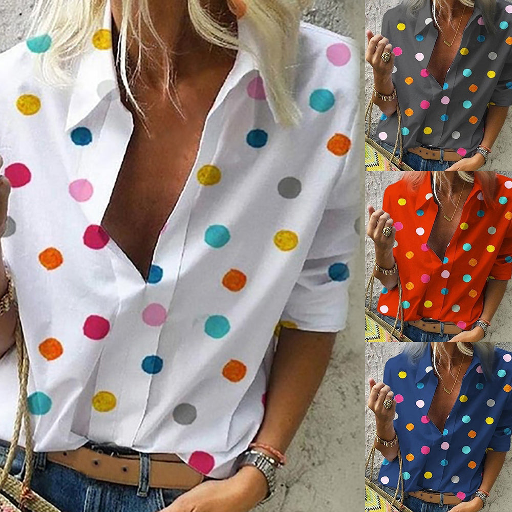 Women Office Lady Colourful Dot Print Blouse Tops Women Casual Long Sleeve Polka Shirt And Blouses V Neck Slim Shirts