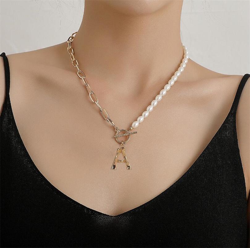 Pendant Necklaces Imitation Pearls Letter Hiphop A-Z Initial Necklace For Women Punk Skull Alphabet Jewelry Thick Chain OT Buckle Choker