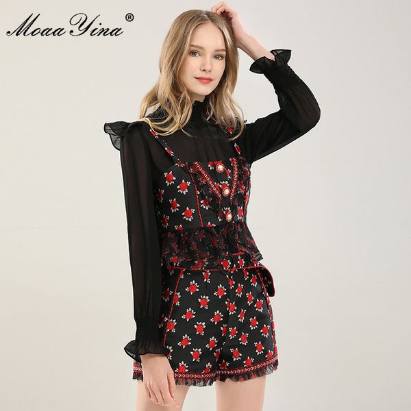 Fashion Set Spring Summer Women&#039;s Turtleneck Long sleeve Blouses Small sling Tops+Shorts Embroidery Three-piece suit 210524