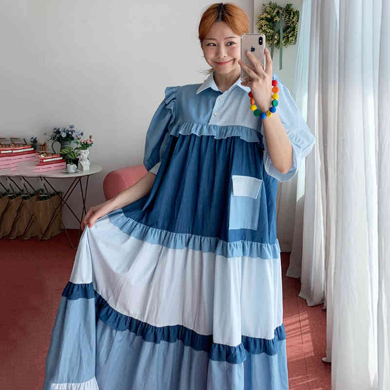 Casual Dresses Korean chic summer western style lapel wood ear stitching contrast color puff sleeve large swing dress female IXR9