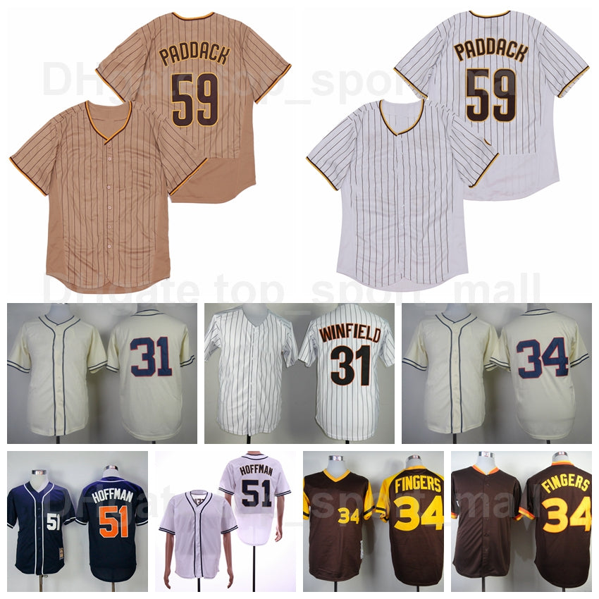 Retro 1948 1984 Vintage Baseball 31 Dave Winfield Jersey Retire 34 Rollie Fingers 51 Trevor Hoffman 59 Chris Paddack Brown White Grey Beige
