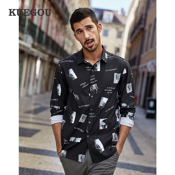 KUEGOU Spring Autumn Men&#039;s Shirts Long Sleeve Black fashion slim fit Shirt men stretch Streetwear top Plus size CC-3280 210524