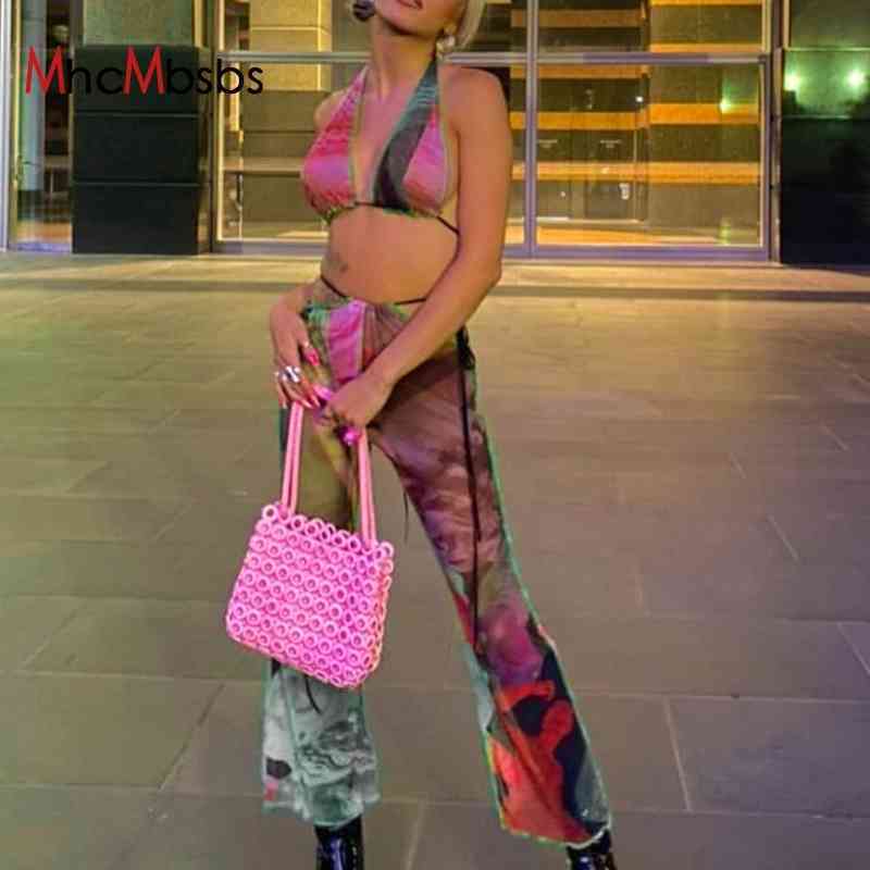 Women&#039;s Blouses & Shirts Women Halter Corset Top Bandage Crop Tops + High Waist Pants Printed Patchwork Mesh See Through Outfits 2