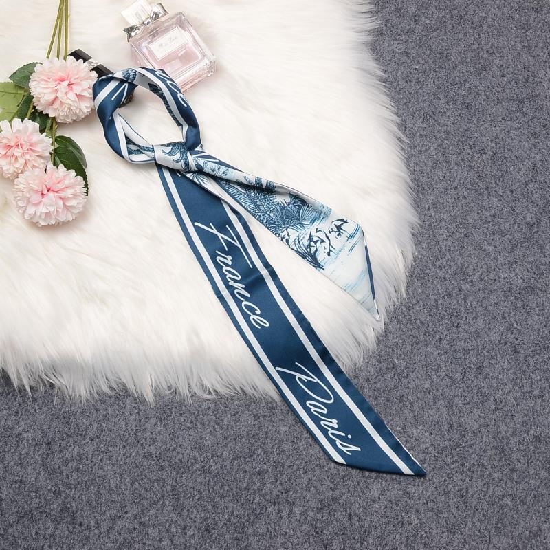 Scarves SIGISHIR Geometric Floral Print Silk Scarf Women Bag Ribbons Fashion Head Small Long Skinny