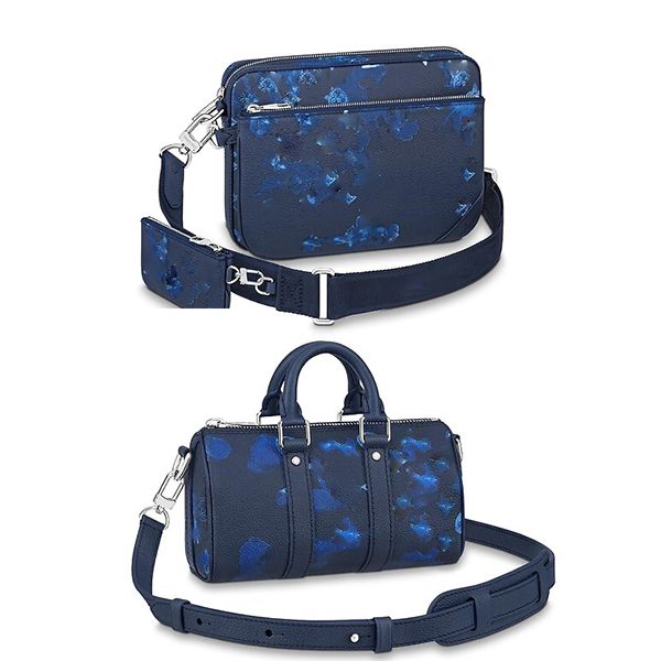 Men Messenger Bag High Quality Blue Ink Watercolor Trio Grain Leather Designer Handbags Retro Crossbody Travel Bags Fashion Backpack