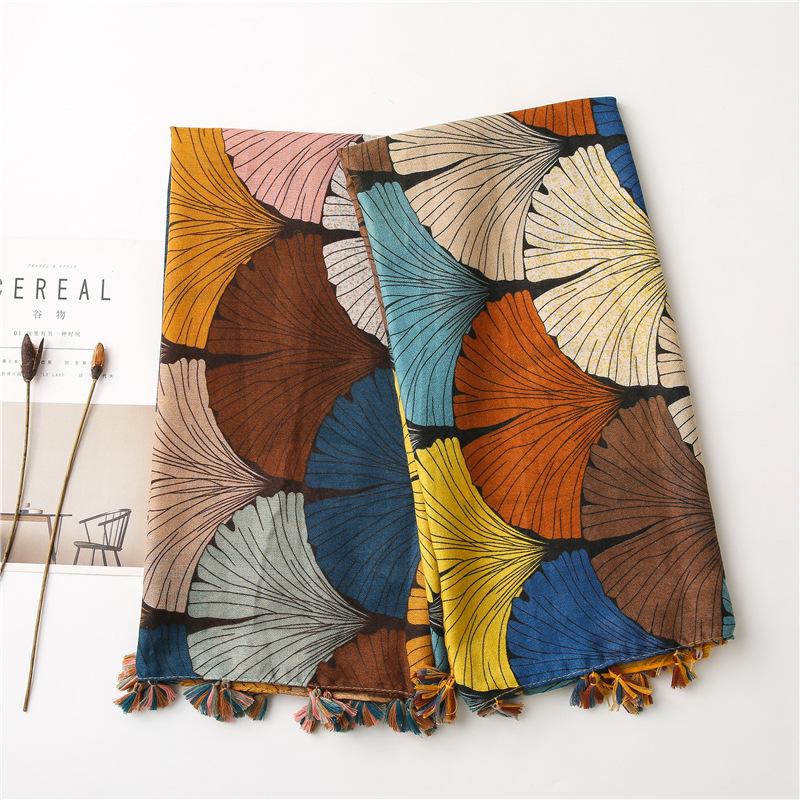 Scarves Ladies Fashion Yellow Ginkgo Floral Tassel Viscose Shawl Scarf Women High Quality Hijabs And Wraps Stole Bufandas Muslim Snood