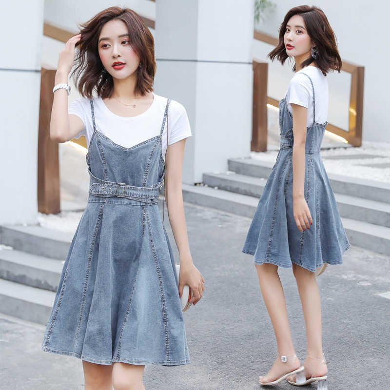 Fashion Denim Women&#039;s Summer 2021 Suspender Skirt Slim Two-piece Swing Drs