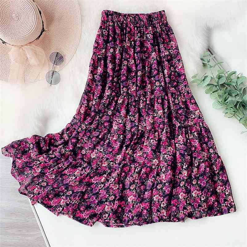 Skirts Spring Summer Elegant Long Pleated Chiffon Skirt Women High Waist A-Line Oils Floral Print Flower Big Hem Maxi Woman 39FM