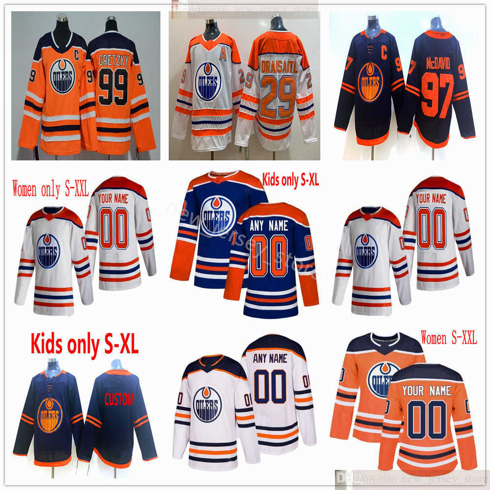 Custom 2021 Reverse Retro Hockey Edmonton Oilers Wayne Gretzky Connor McDavid Leon Draisaitl Jesse Puljujarvi Adam Larsson Men Women Kids