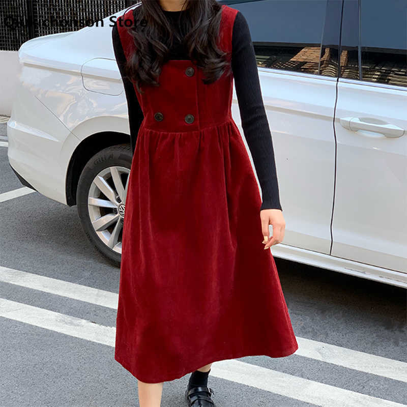 Skirts Autumn Winter Women Long Midi Suspender Skirt Korean Style Vintage Double-Breasted High Waist Corduroy School Girl Jupe NMM