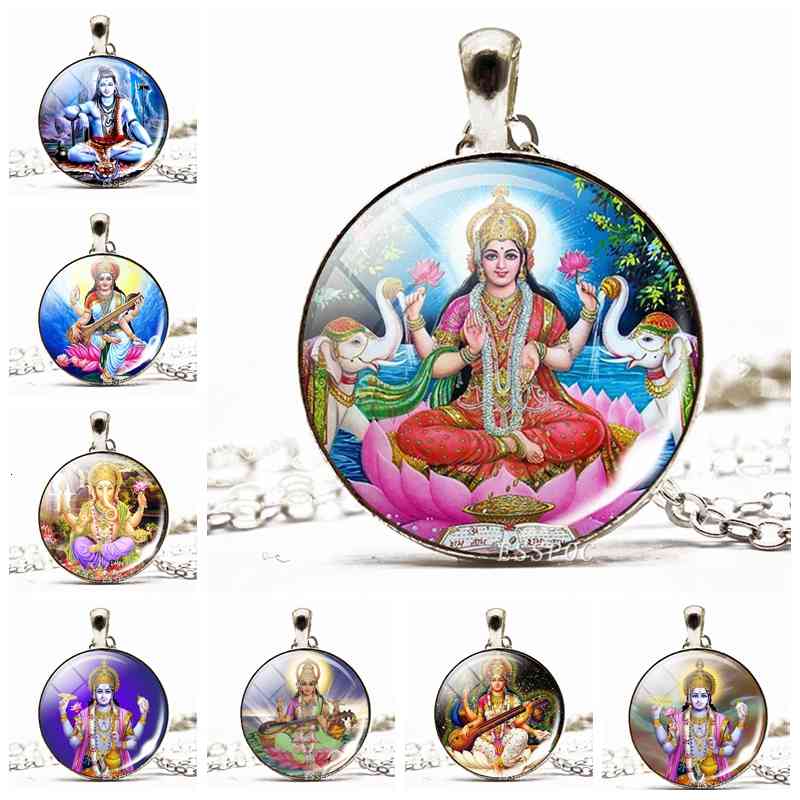 2021 New Pendant Necklaces Indian Buddhism Ganesha Shiva Picture Glass Cabochon Long Choker Sweater Chain Necklace Gift for Women