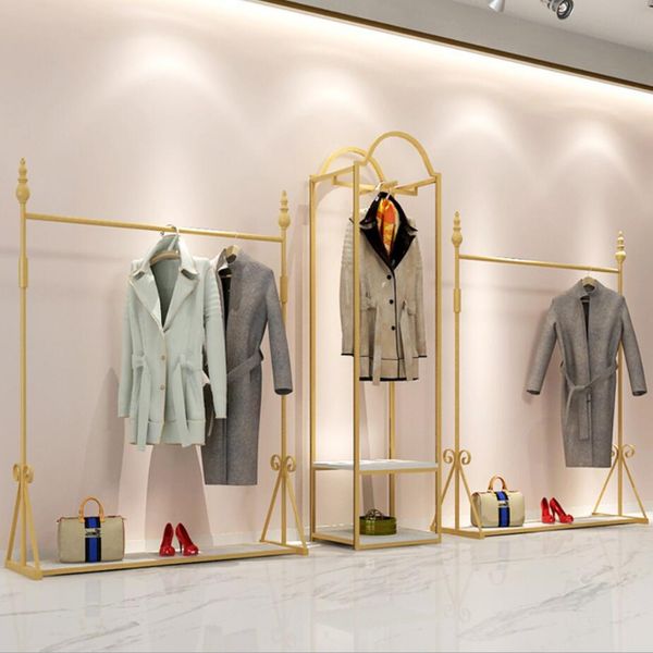 Clothing rack Commercial Furniture simple men&#039;s and women&#039;s store cloth display racks window gold iron floor clothes shelf can be