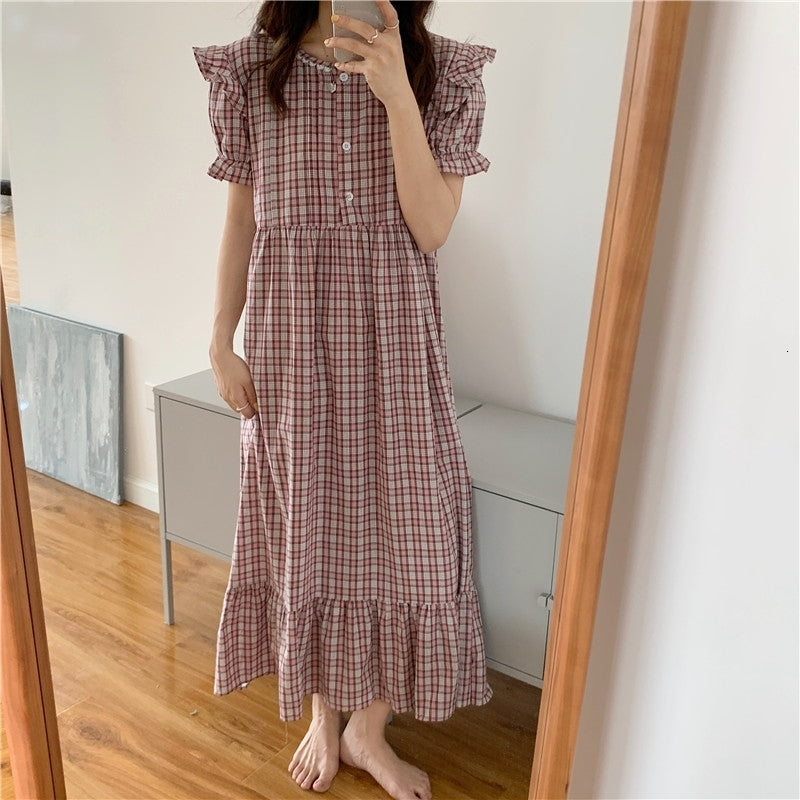 Casual Dresses 2021 Chic Plaid Homewear Summer Loose Prom Outwear Geometric Sweet Pajamas Cotton Sleepwear Nightdress 526I