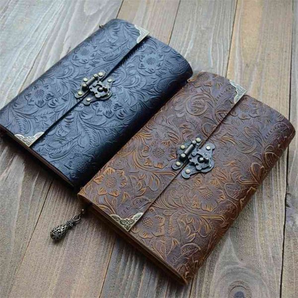 Embossed Pattern Soft Leather Travel Notebook with lock Key Diary Notepad Kraft Paper for Business Sketching Writing 210611