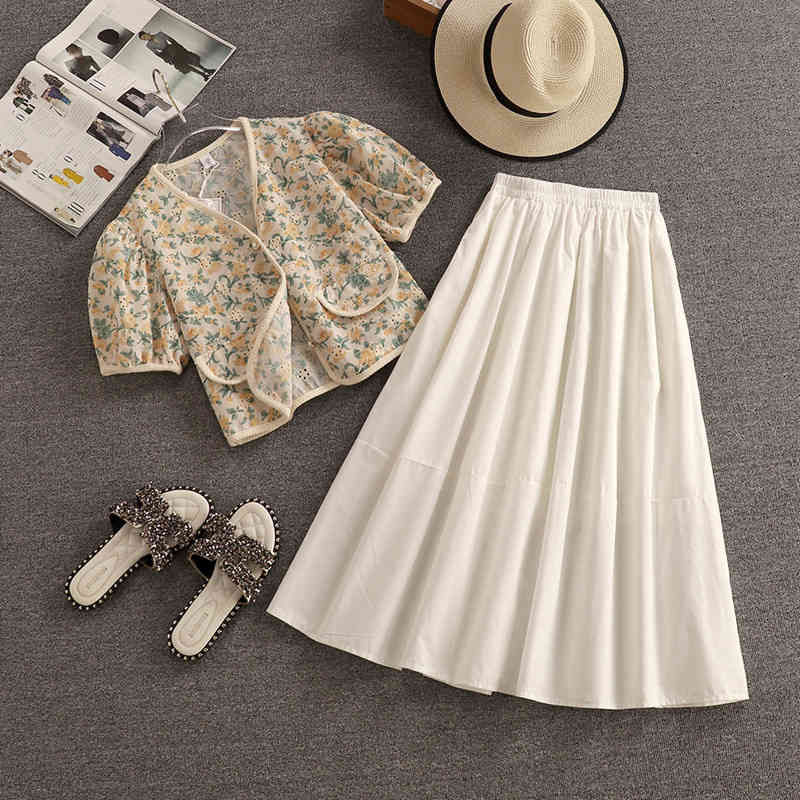 Two Piece Dress Fashion Vintage Summer 2 Set Women Crop Top Floral Shirt Blouse + Skirts Sets Ladies Cardigan Skirt Suits 1J8F