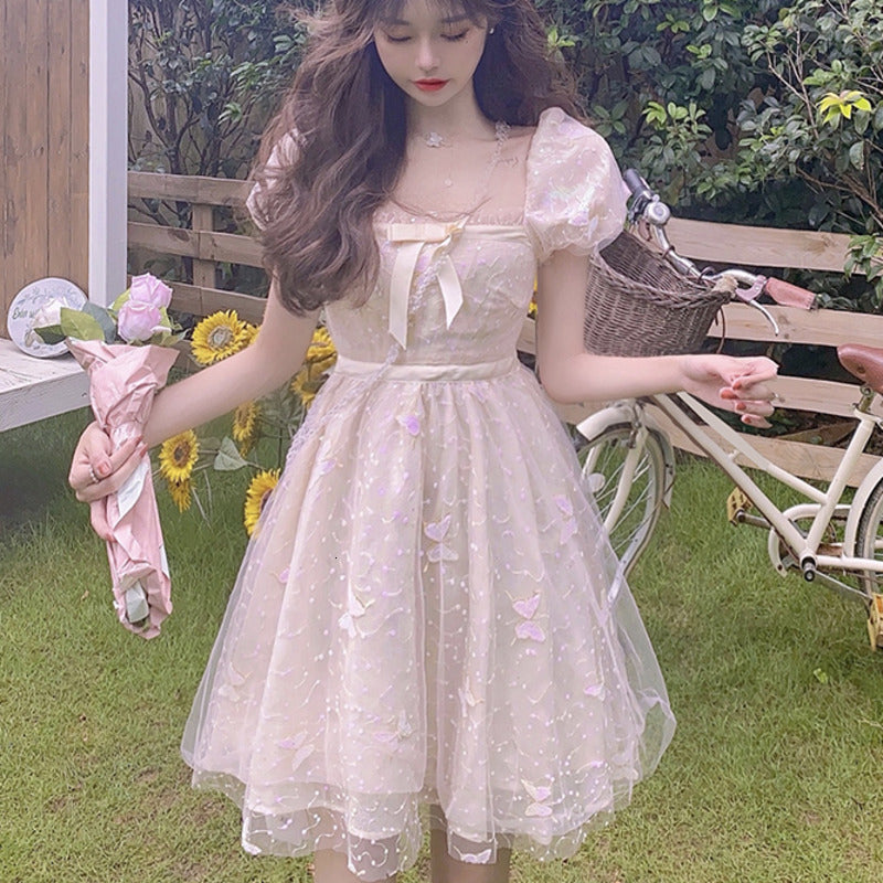 Casual Dresses Summer Korean Sweet Chic Bow Bubble Sleeve Mesh Fairy Women Square Collar Girl Lovely Princess Mini Party Robes R1D