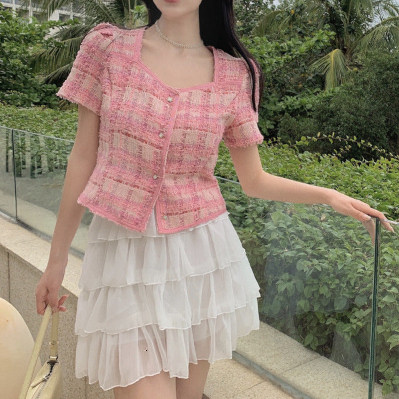 Two Piece Dress Small Fragrant Korean Sweet 2 Set Women Sleeve Tweed Coat Crop Top + Chiffon Cake Skirts Sets Ladies Suits AGLC