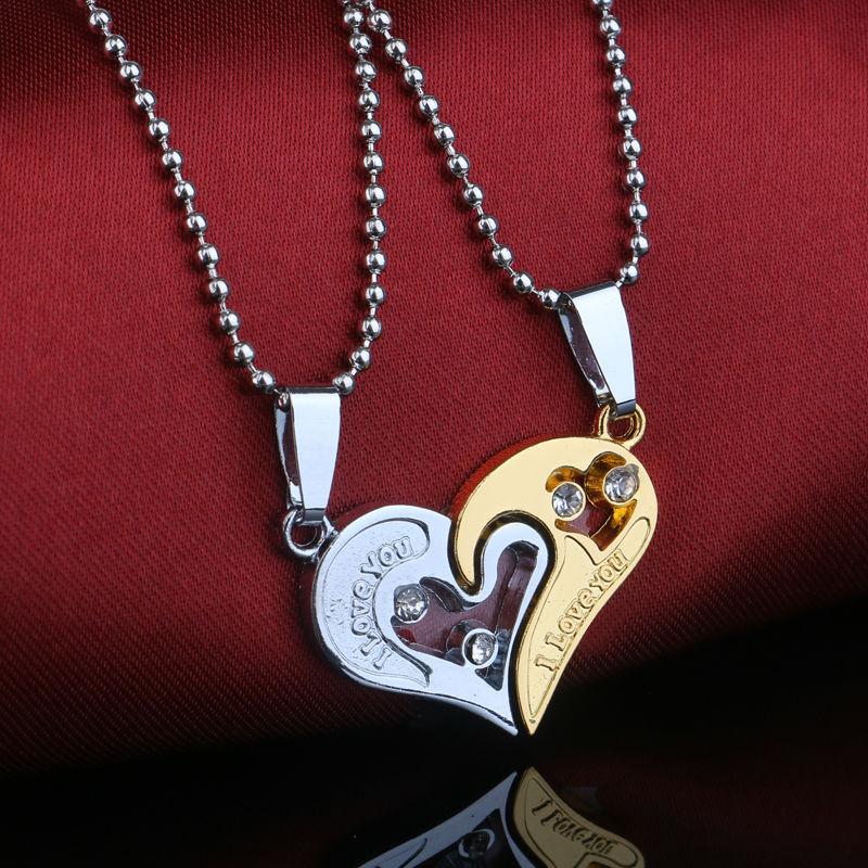 Pendant Necklaces 2PCS I Love You Gold Silver Color Two Heart Necklace Charm Crystal Jewelry Lovers Couples Party Choker Bijoux