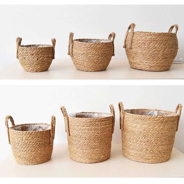 Nordic Handmade Straw Storage Basket Rattan Floor Indoor Flower Pot Planter Crafts Decoration Home Living Room Flower Basket 210615