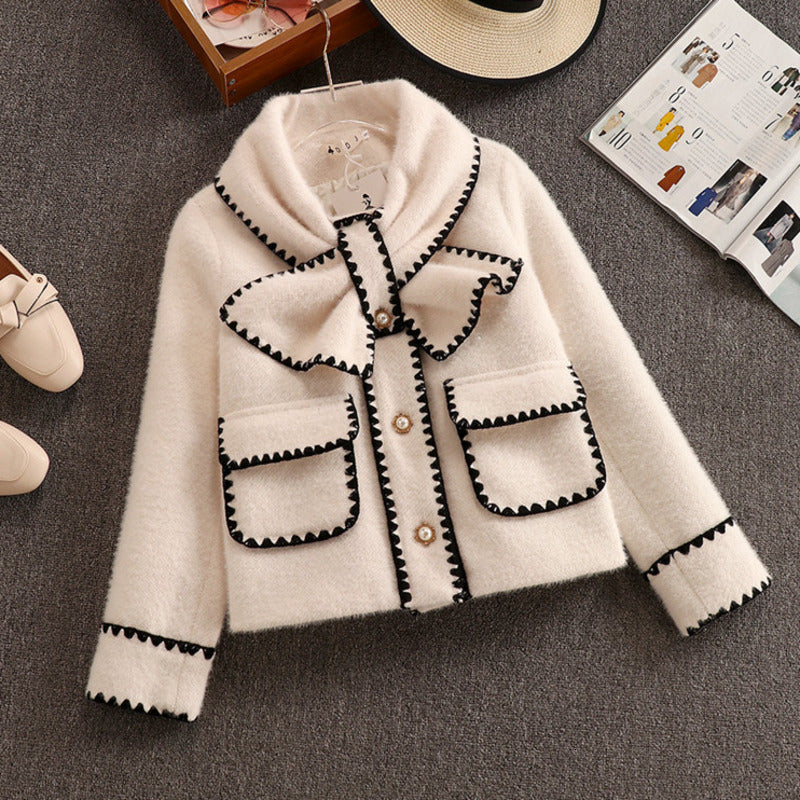 Women&#039;s Jackets High Quality Women White Bow Mink Jacket Coat For Female Slim Patchwork Pocket Outerwear Ladies Wool Short Winter
