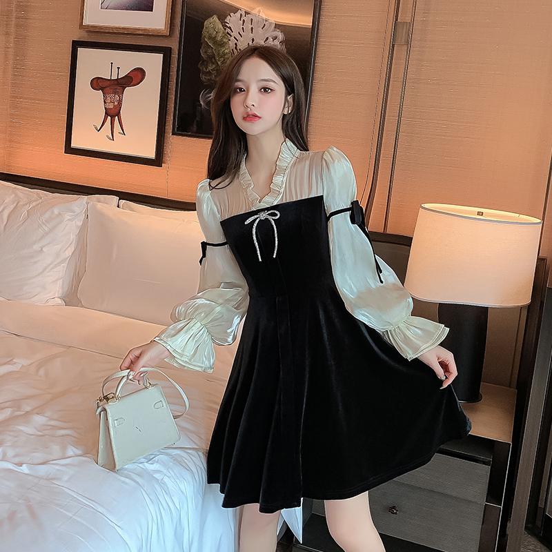 Casual Dresses Make Spot Winter Bow Color Stitching Pleuche Lantern Sleeve Dress Female