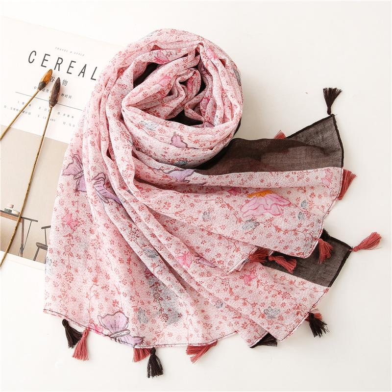 Scarves Spring Brand Design Scarf Female Hijab Retro Floral Print Thin Light Cotton Shawls Large Size Headwear Women Beach Cover Up