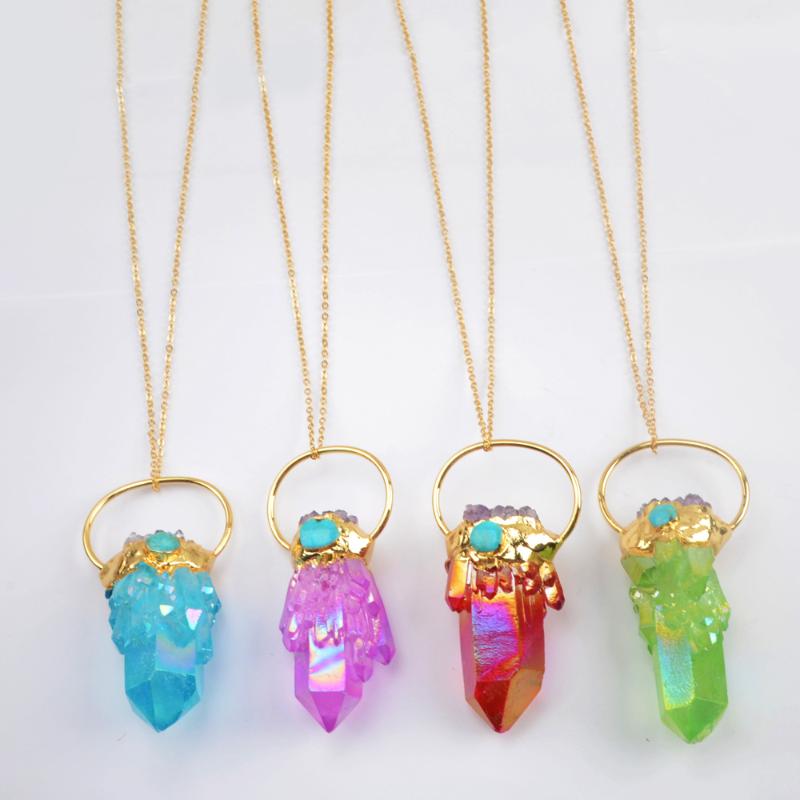 Pendant Necklaces BOROSA 3PCS 26inch Gold Crystal Necklace Titanium AB Druzy Quartz Point With Amethysts Chips&Turquoises G1944-N