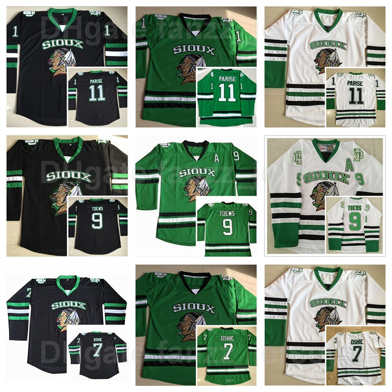 College North Dakota Fighting Sioux Jersey Ice Hockey 9 Jonathan Toews 11 Zach Parise 7 TJ Oshie Green Black White Team Color Stitched